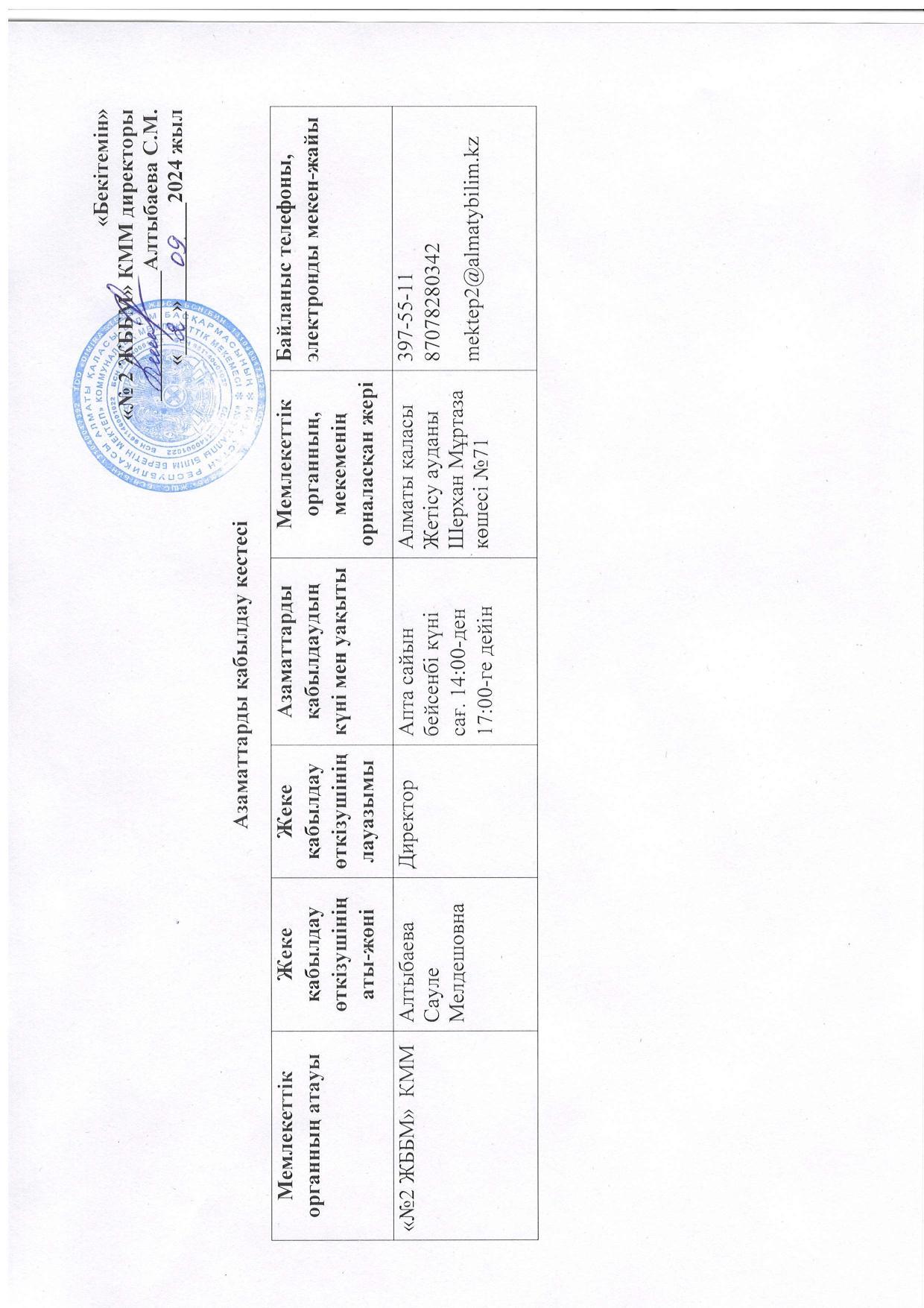 Азаматтарды  қабылдау кестесі